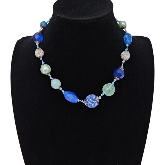 🏆Laila Rowe Vintage Chunky Beaded Blue And Gold Necklace - Picture 1 of 8